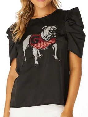Black Sequin Bulldog Appliqué Puff-Sleeve Blouse